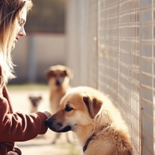 Woman Sitting in Kennel with Dogs