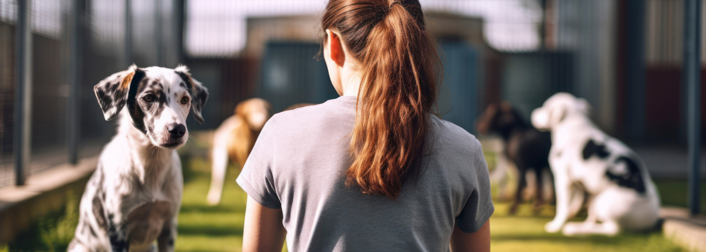 Young Woman Sitting in Kennels Keeping Dogs Company